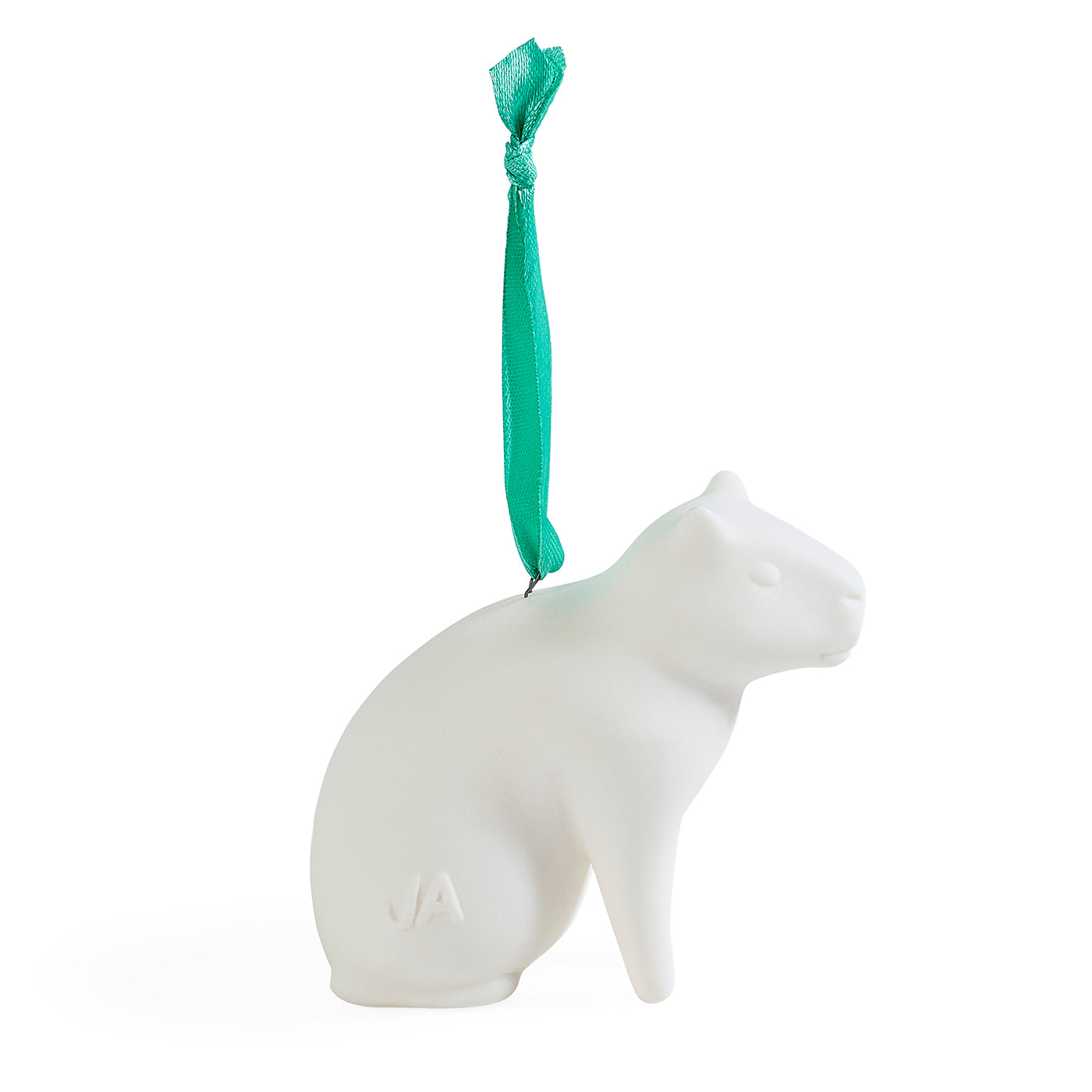A white ceramic cat-shaped ornament with a small green ribbon loop at the top, shown on a clean white background.