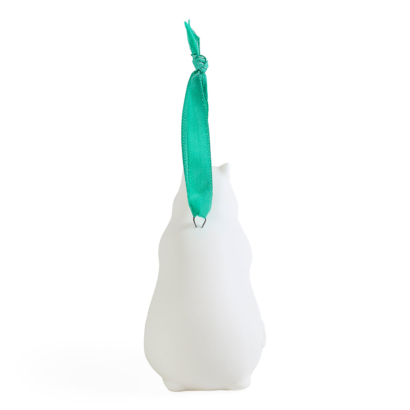 A white cat-shaped ornament with a bright green ribbon loop at the top, shown against a plain white background.