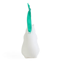 A white cat-shaped ornament with a bright green ribbon loop at the top, shown against a plain white background.