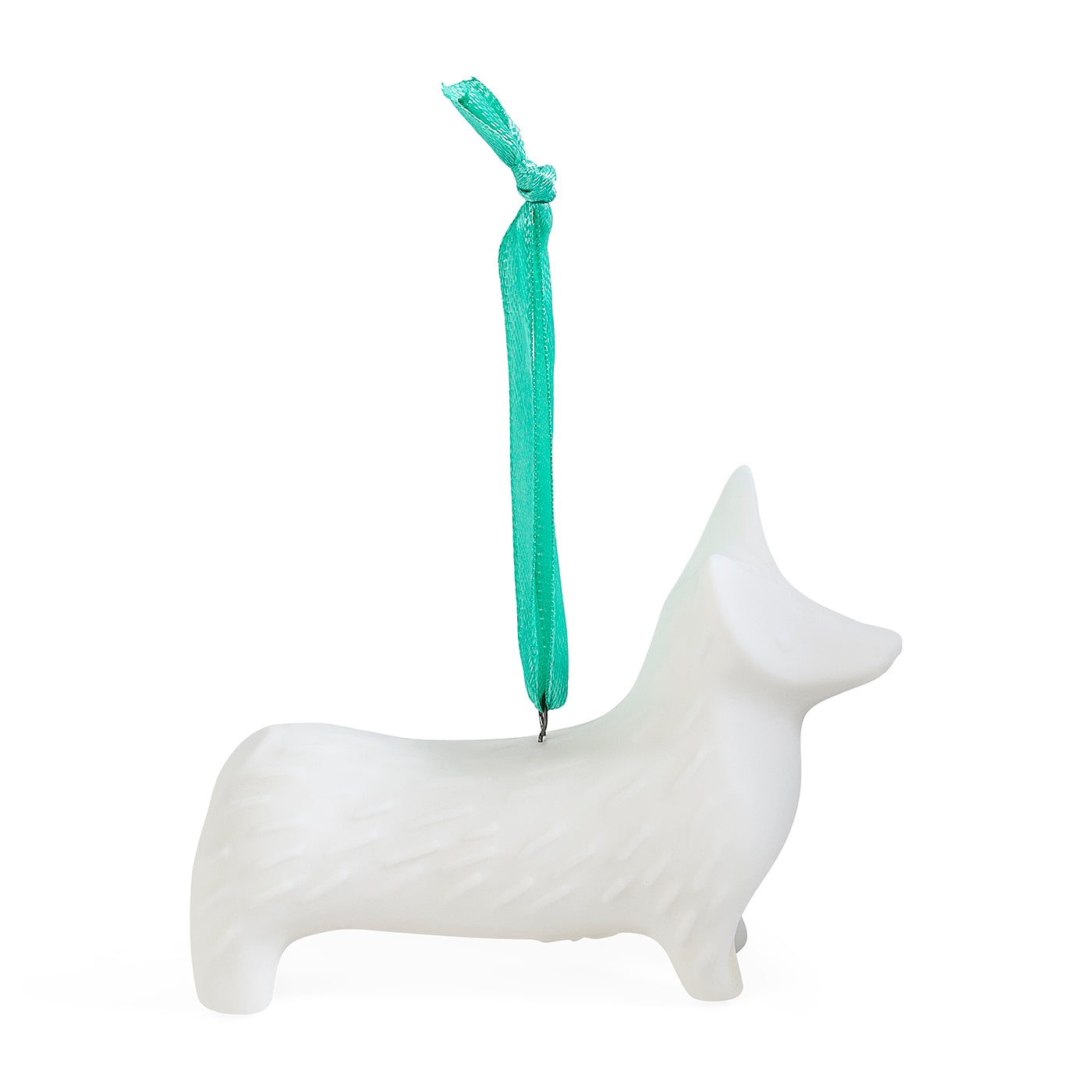 A white dog-shaped hanging ornament with a textured surface and a bright teal ribbon loop at the top, shown on a plain white background.