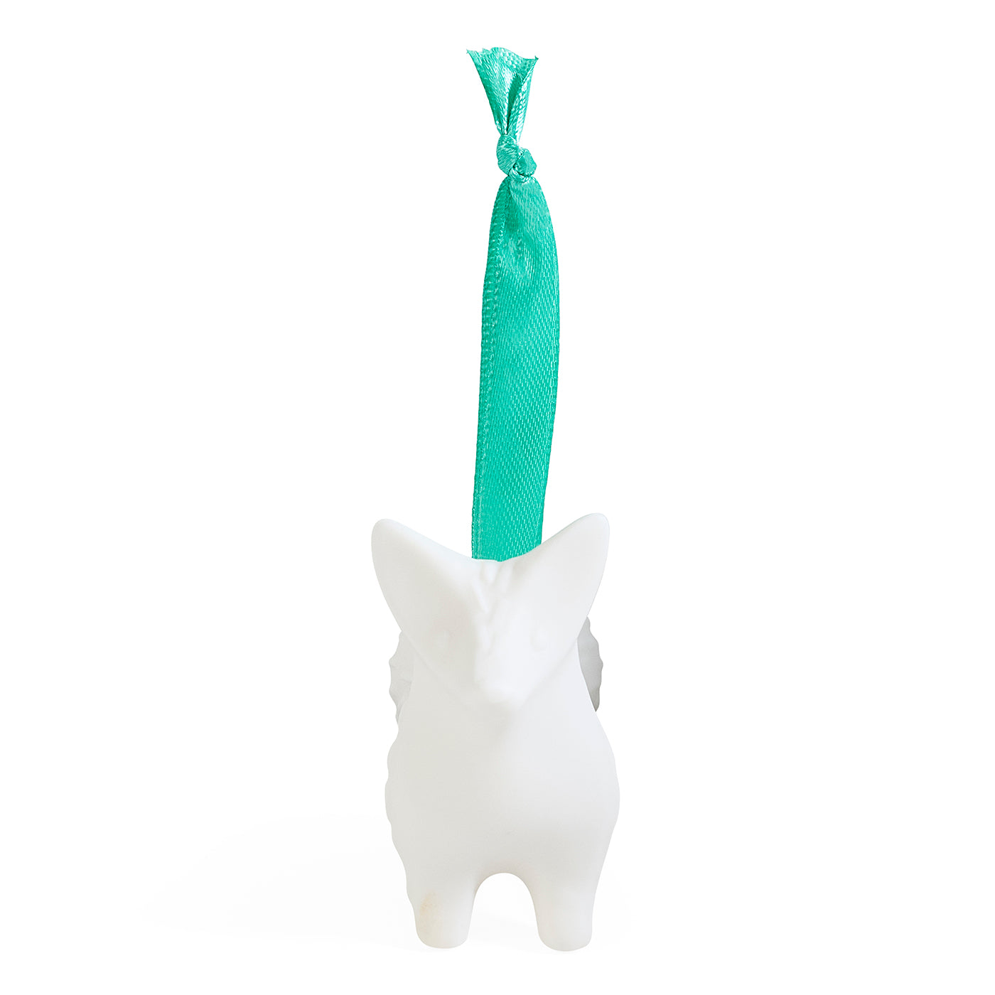 A white ceramic dog-shaped ornament with a bright teal ribbon loop at the top, shown against a plain white background.