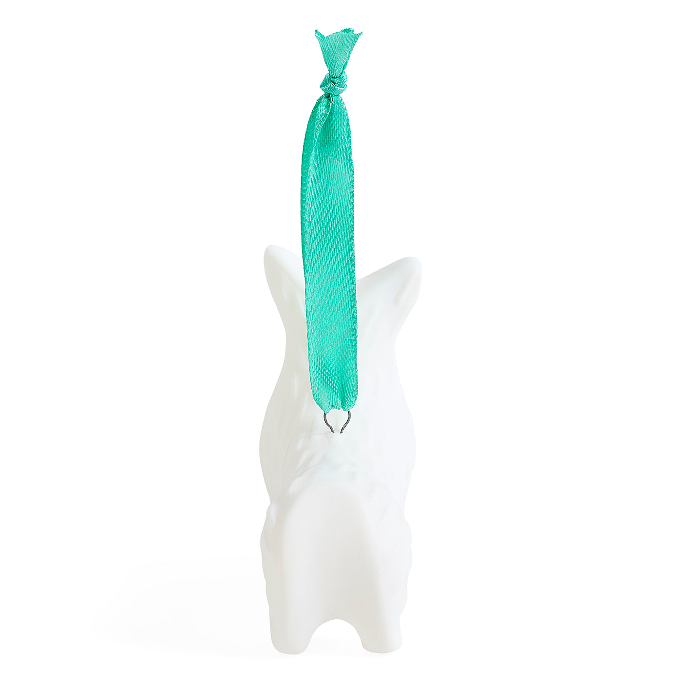 A white ceramic dog-shaped ornament with a bright turquoise green ribbon hanging from its neck, set against a plain white background.