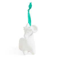 A white ceramic or porcelain ram figurine ornament with a bright teal-green ribbon hanger, shown against a plain white background.