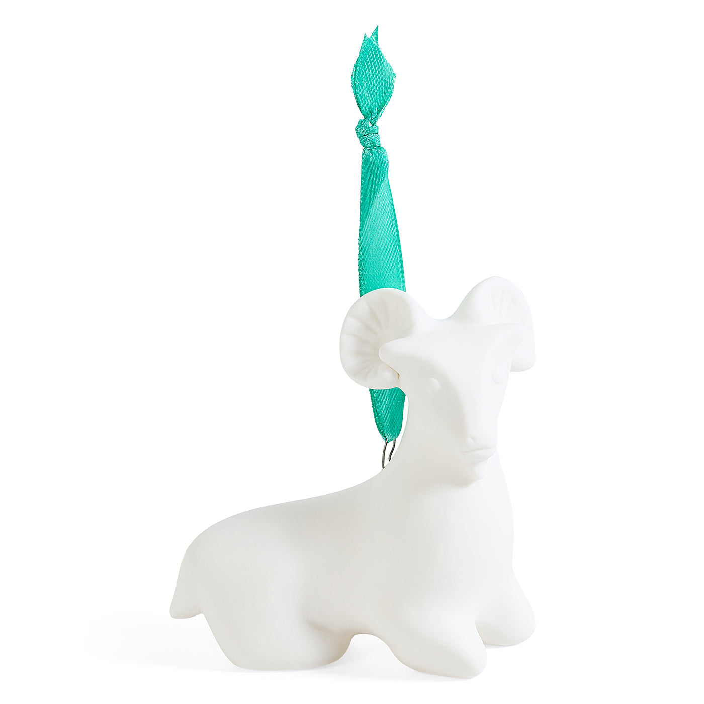 A white ceramic ram ornament with a mint green ribbon hanger, shown on a clean white background.