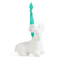 A white ceramic ram ornament with a mint green ribbon hanger, shown on a clean white background.