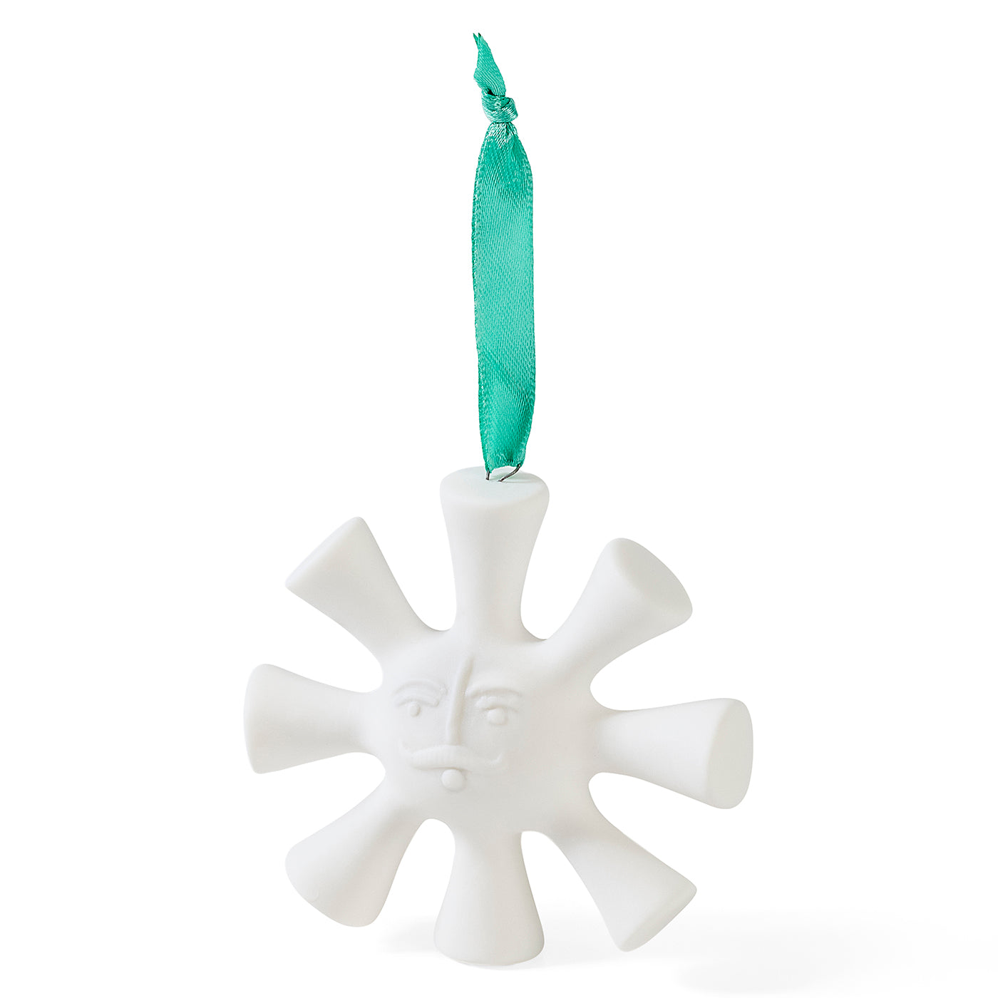 A white ceramic sun ornament with a green ribbon hanger, shown against a plain white background.