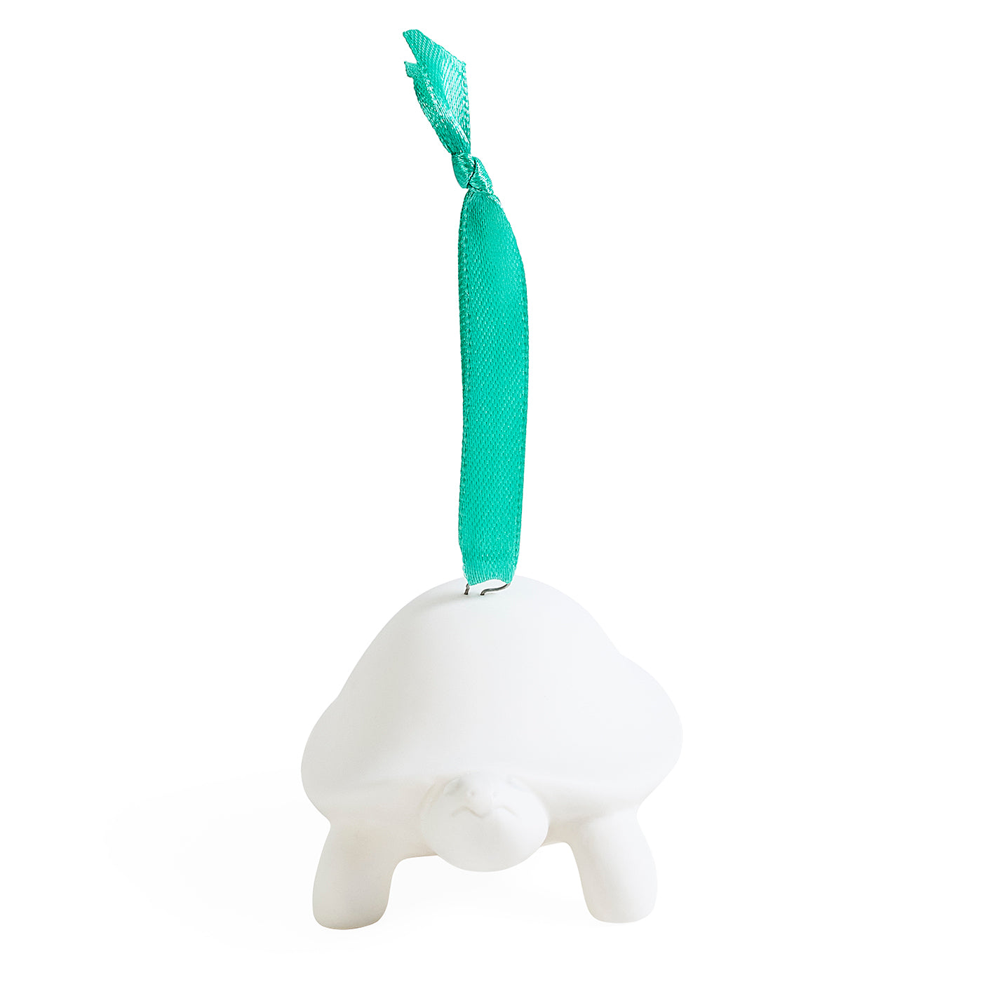 A white mushroom-shaped hanging ornament with a bright teal ribbon loop at the top, shown against a plain white background.