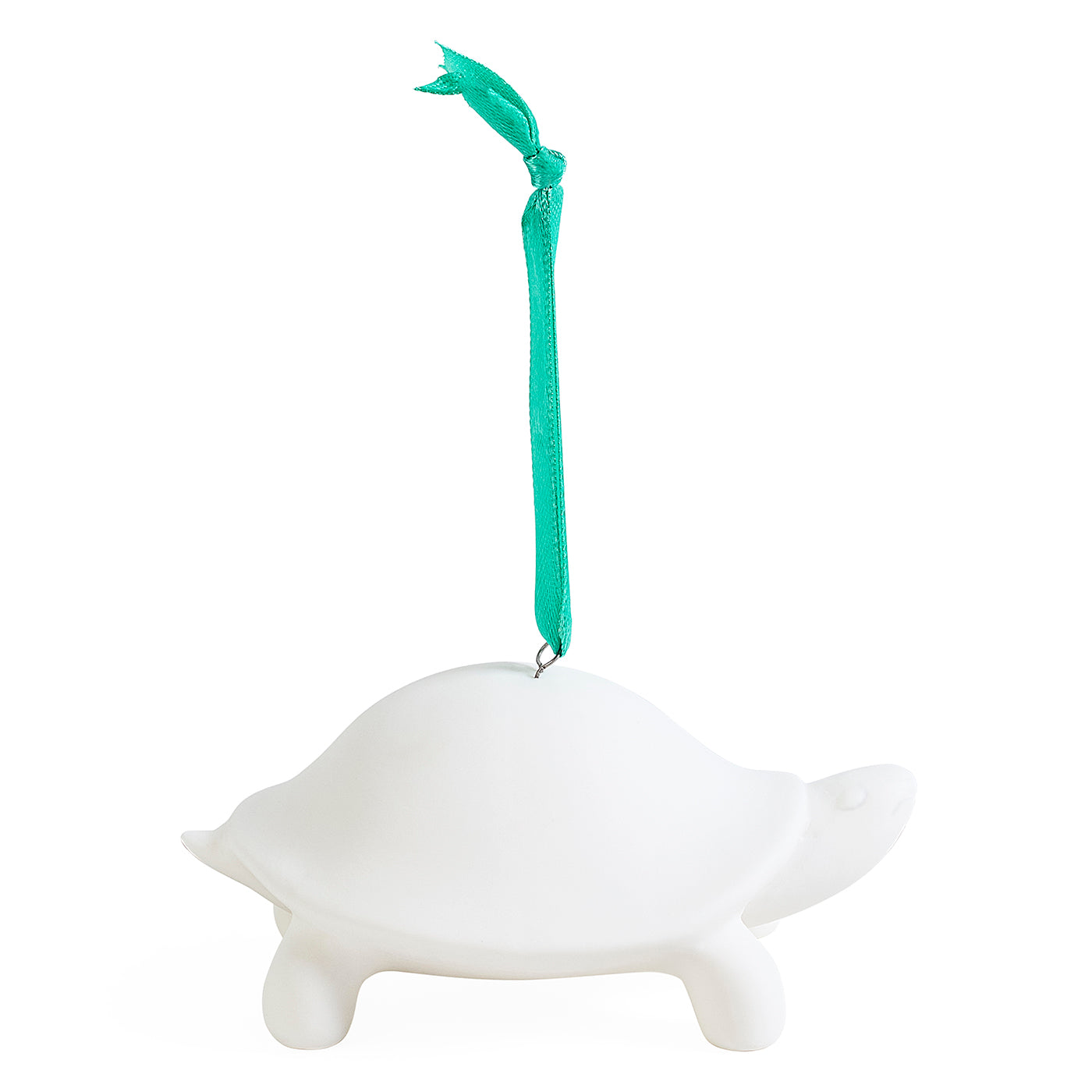A white turtle-shaped Christmas ornament with a bright teal hanging ribbon, shown against a plain white background.