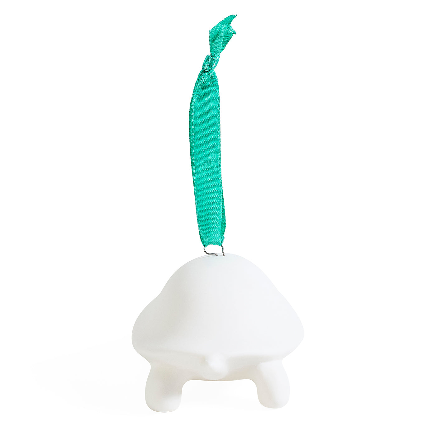 A white ceramic mushroom-shaped ornament with a small loop at the top holding a bright teal ribbon, shown against a plain white background.