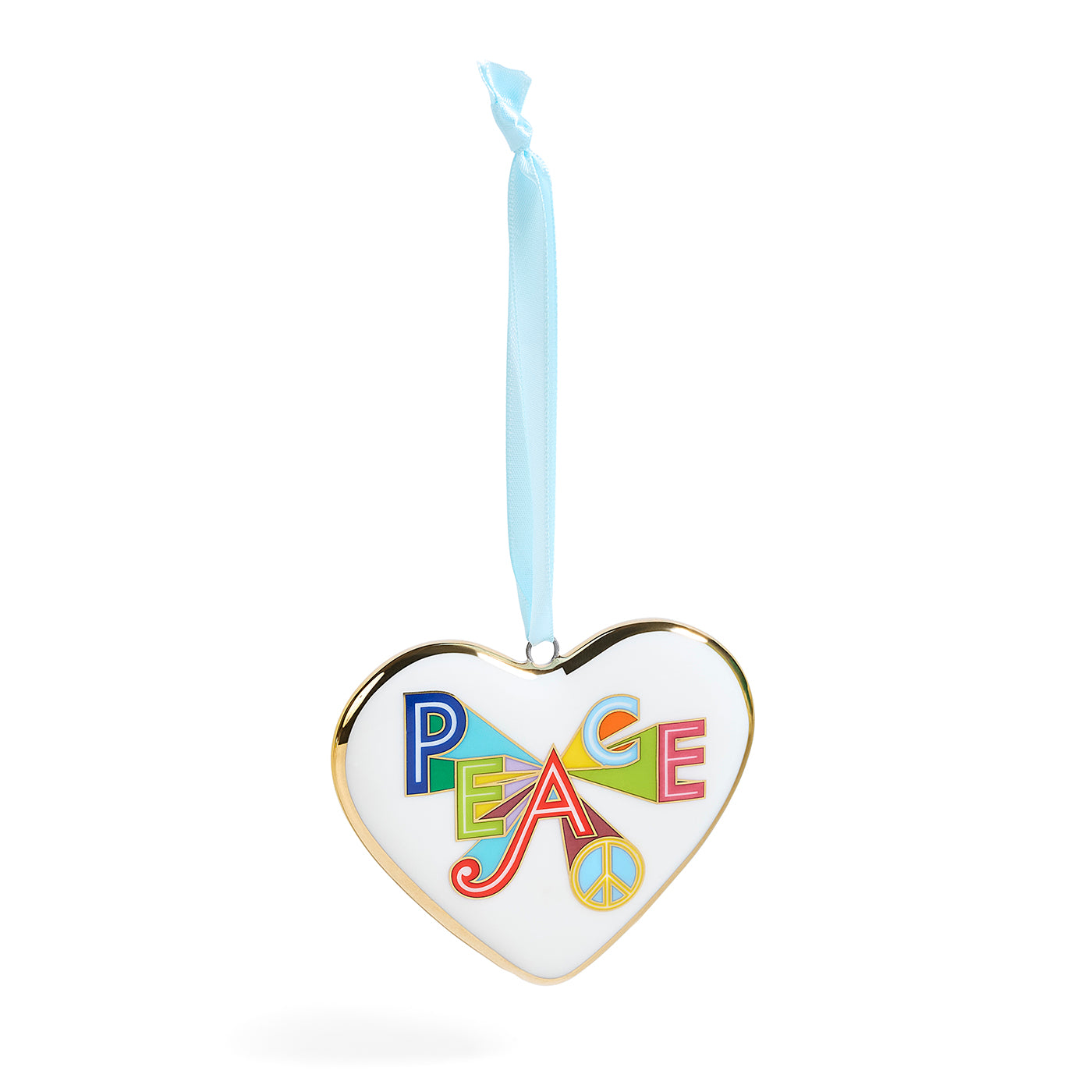 A heart-shaped white ornament with a gold-toned border, featuring the word 'PEACE' in colorful retro letters and a peace sign, hanging from a light blue ribbon on a white background.