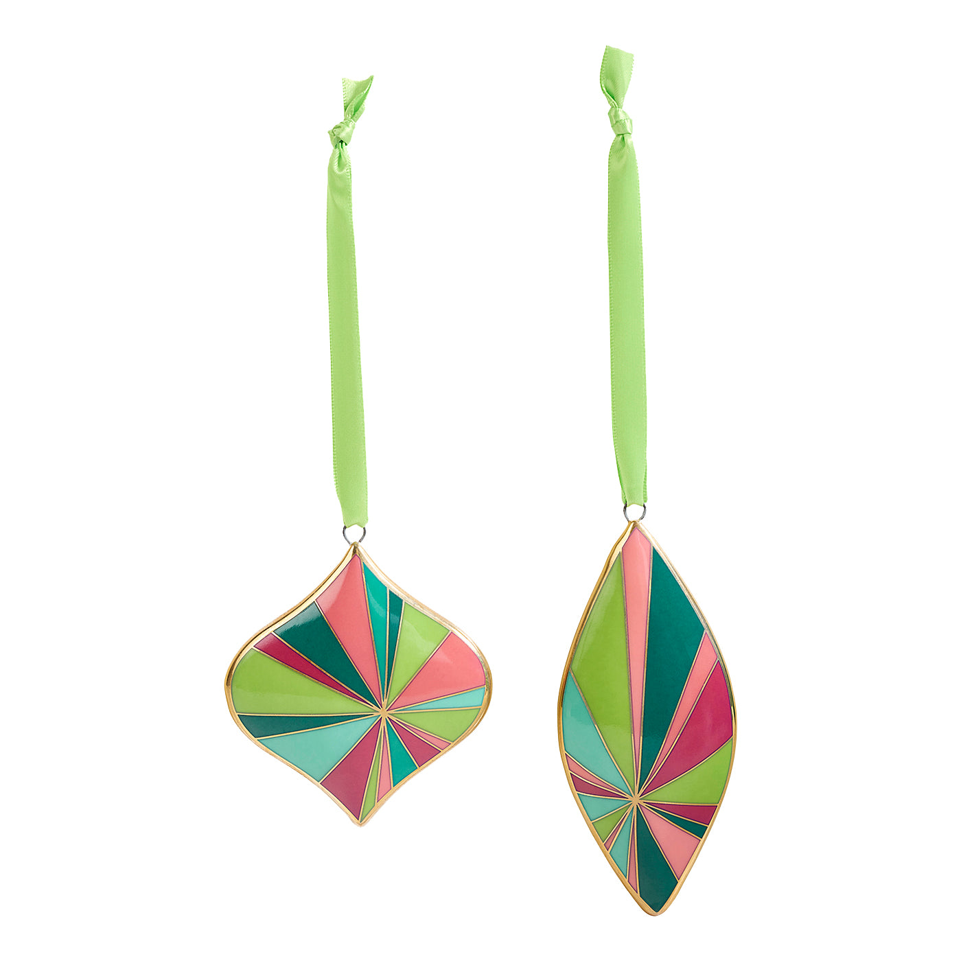 Two hanging ornament shapes with long lime green ribbons, featuring a multicolor geometric fan pattern in green, pink, teal, and light blue outlined with gold trim, on a white background.
