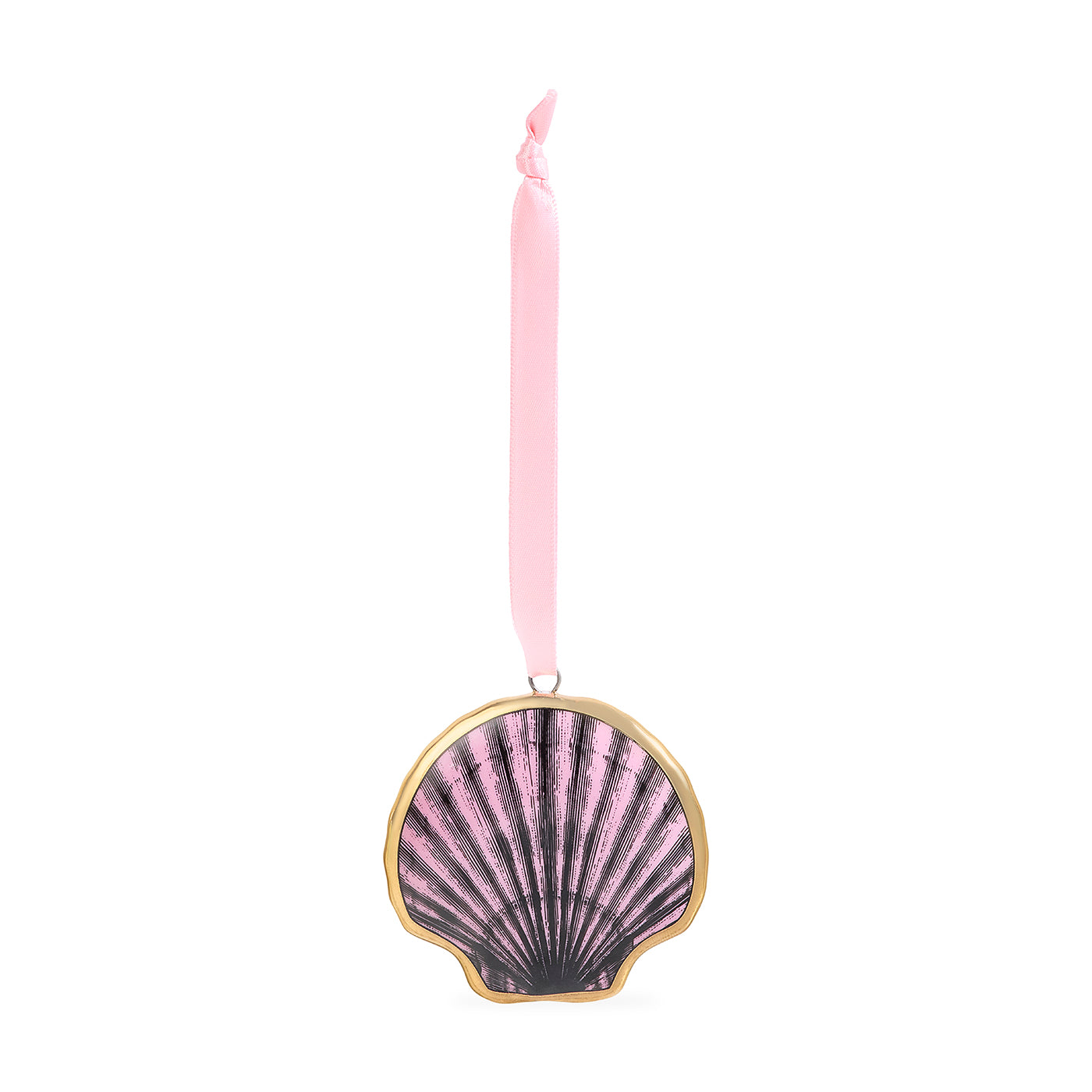 A scallop shell-shaped ornament with a pink and black fan pattern, framed in gold, hanging from a pink ribbon on a white background.