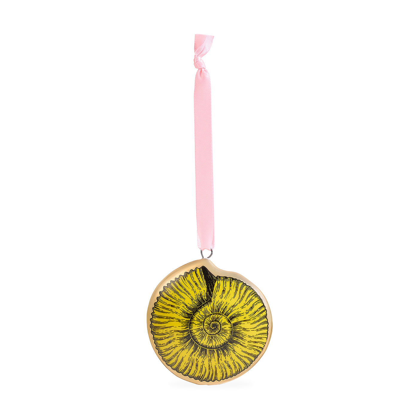 A circular ornament featuring a yellow and black ammonite fossil design, suspended by a light pink ribbon on a white background.