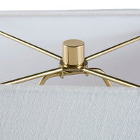 Close-up of a gold ceiling fan head on a white background