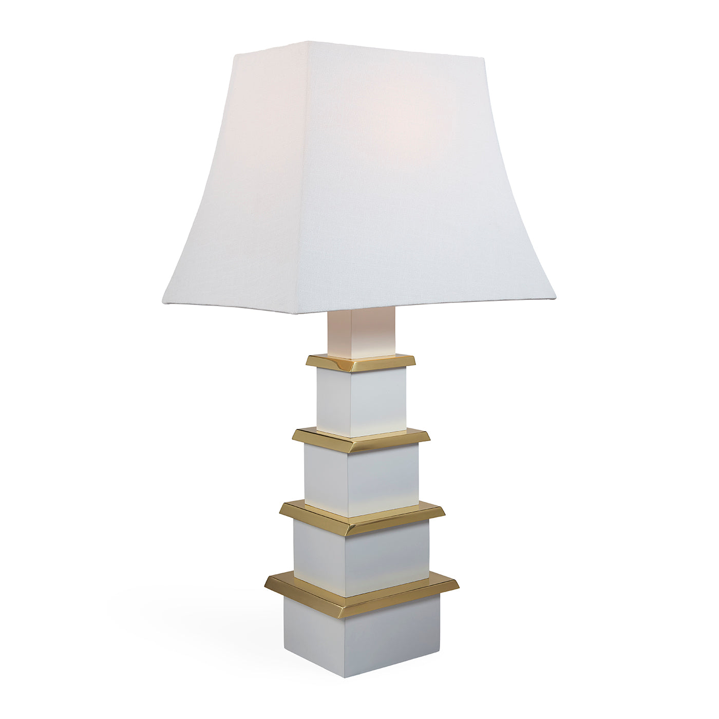 White table lamp with gold accents on a white background