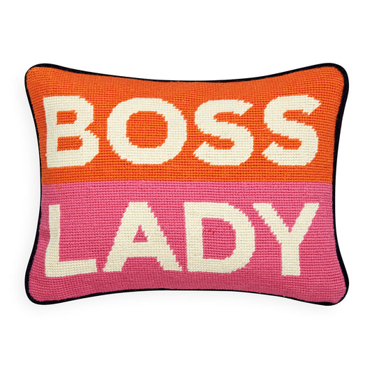 boss lady needlepoint pillow wool orange pink velvet navy back - front view