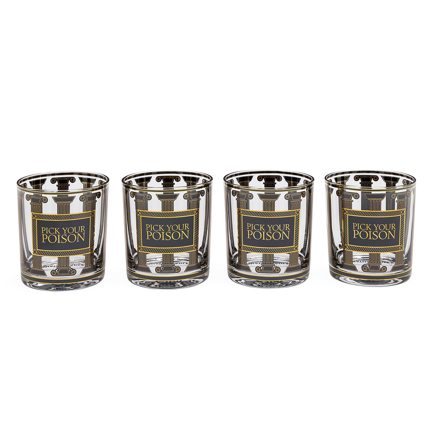 Four clear glass tumblers with a metallic gold and silver patterned design and the text 'PICK YOUR POISON' printed on the front, arranged in a row on a white background.