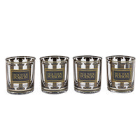 Four clear glass tumblers with a metallic gold and silver patterned design and the text 'PICK YOUR POISON' printed on the front, arranged in a row on a white background.