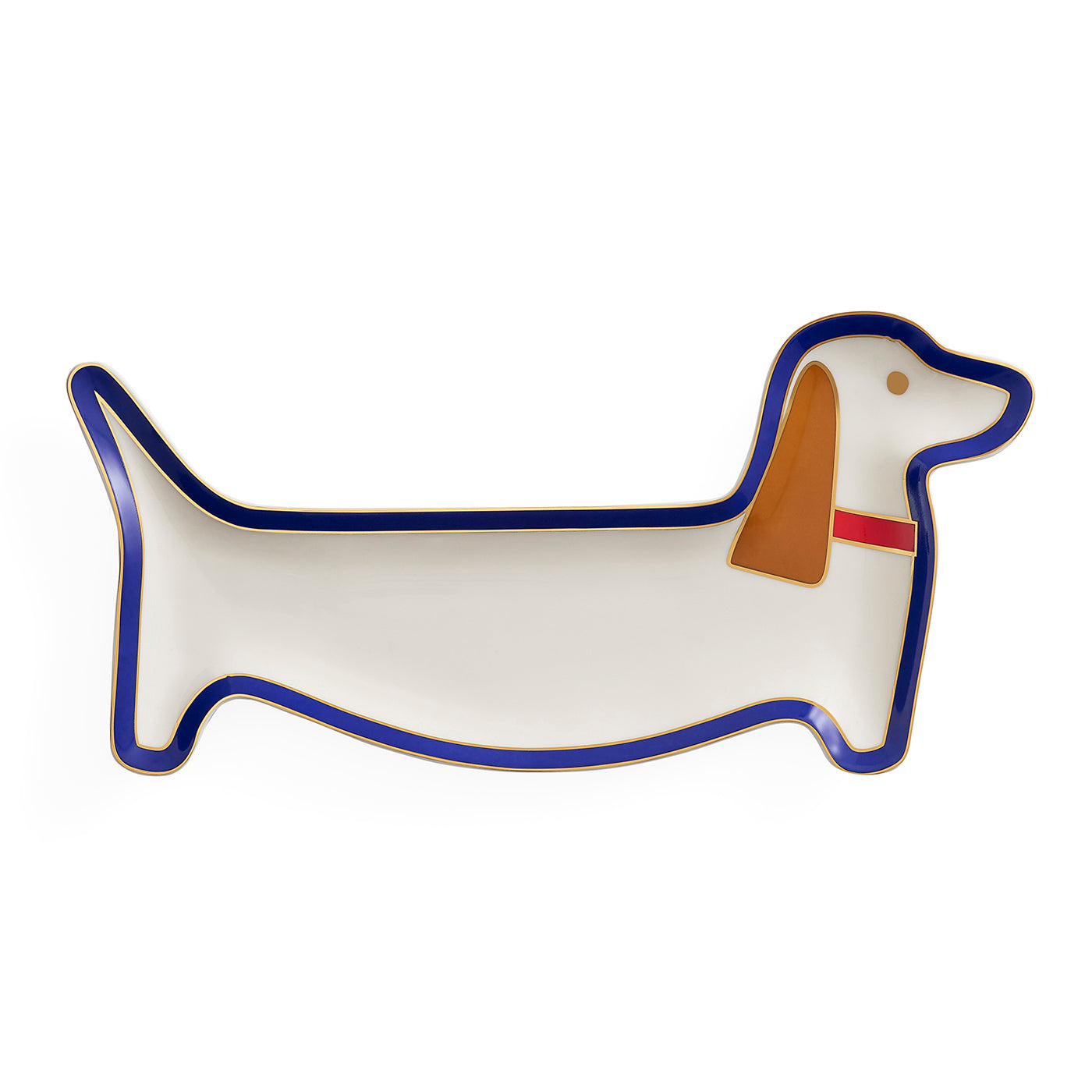 A dachshund-shaped ceramic serving platter with a white body, blue outline, tan floppy ear, and a red collar accent, shown on a plain white background.