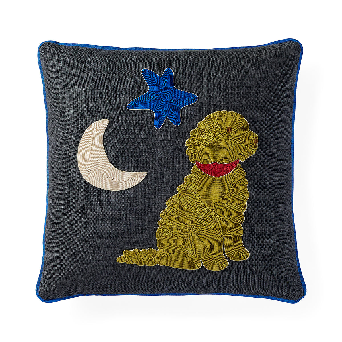 A square dark gray throw pillow with a blue piped edge, featuring an embroidered design of a golden dog wearing a red collar, a blue star, and a cream crescent moon.