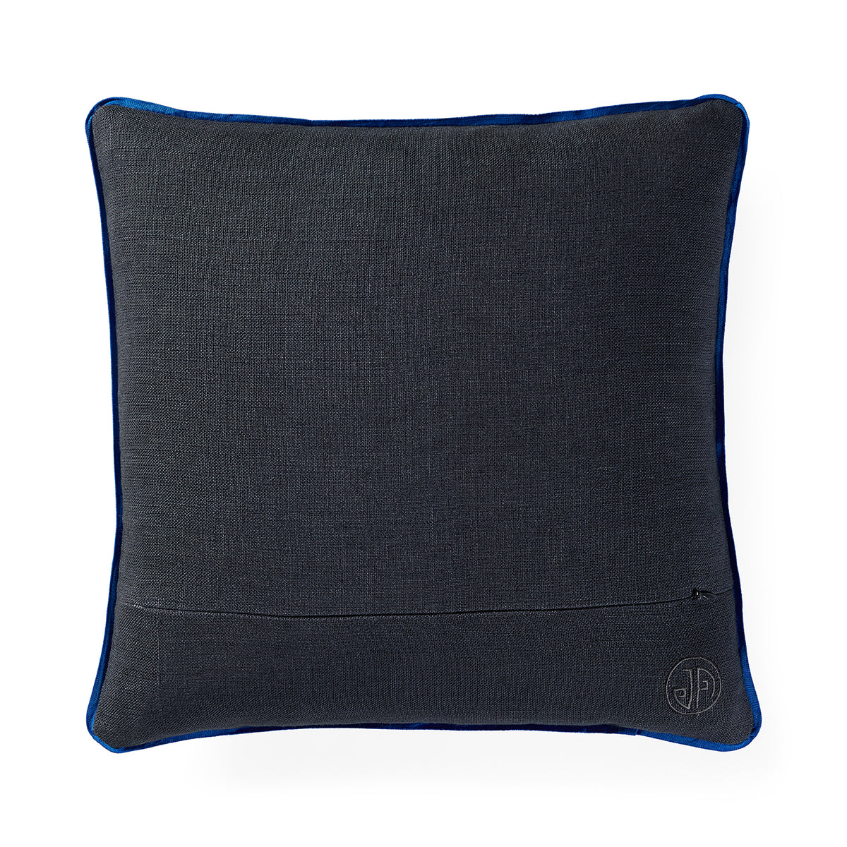 A square dark gray textured throw pillow with a vibrant blue piping border and a small circular embroidered monogram logo in the bottom right corner, set against a plain white background.