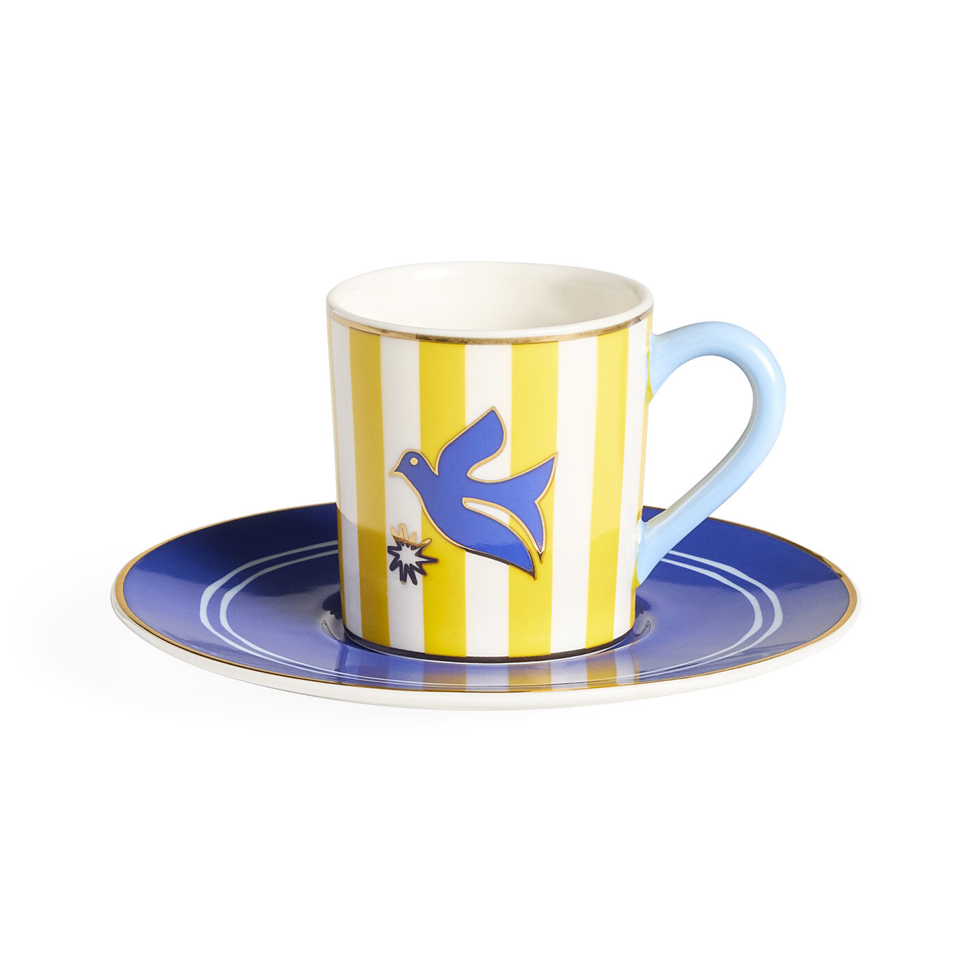 Ceramic cup and saucer with yellow and white striped design and blue bird illustration on a white background