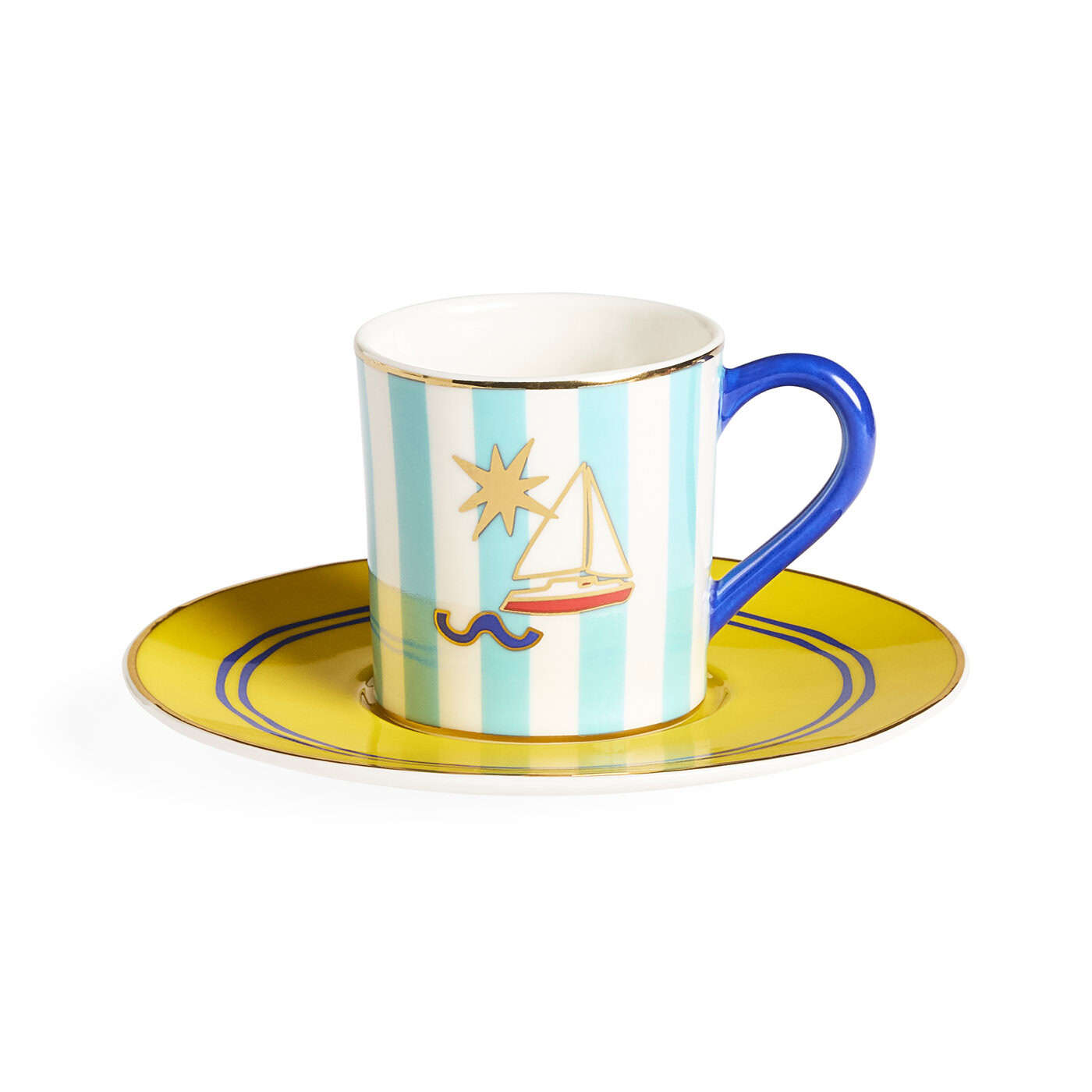 Cup and saucer with sailboat design on a white background