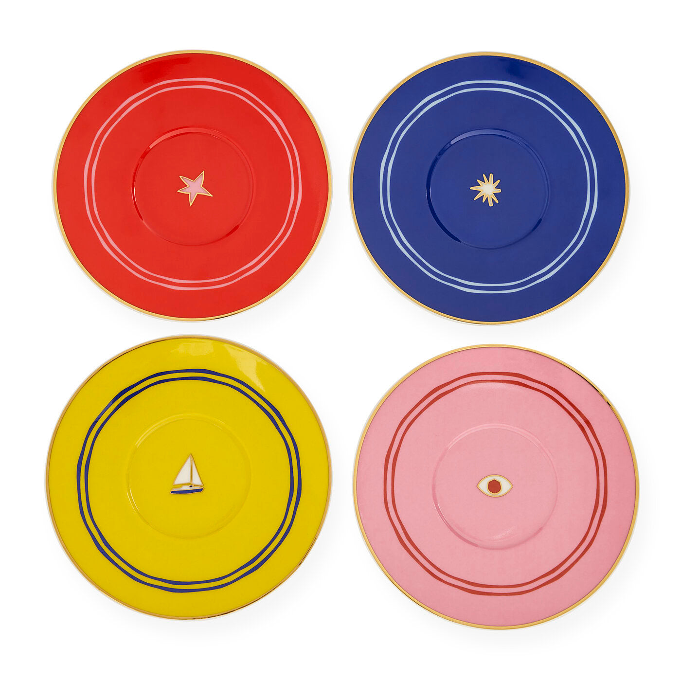 Four colorful plates with decorative elements on a white background