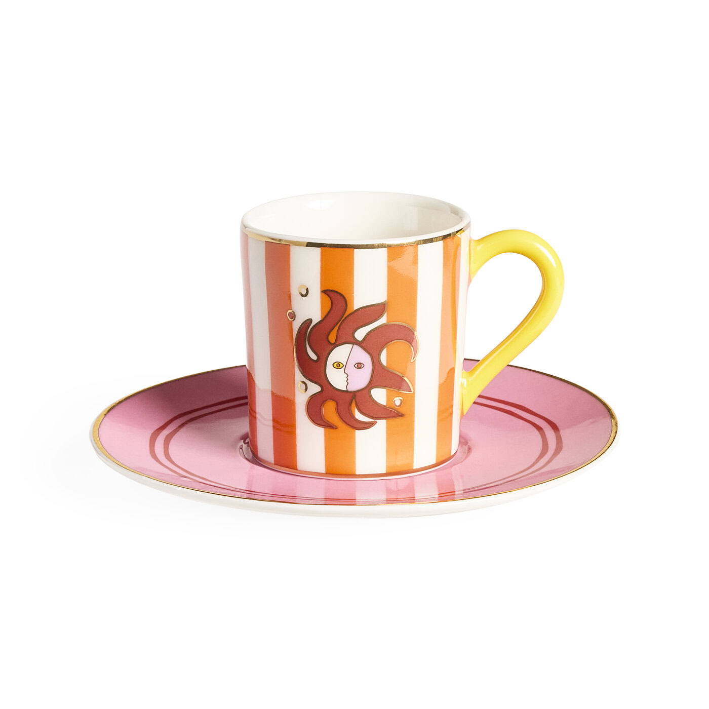 Ceramic cup with saucer featuring a sun design on a white background