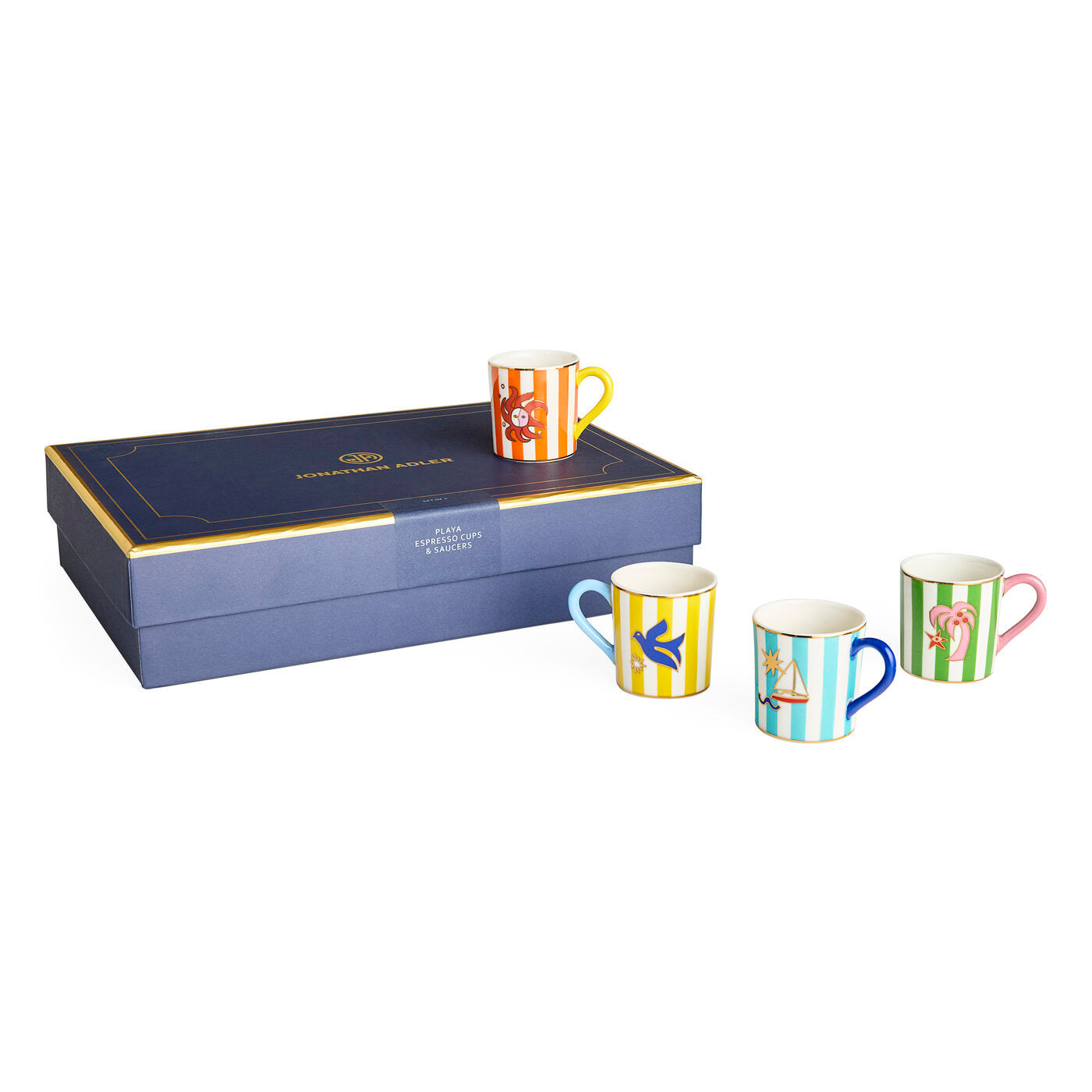 Set of colorful mugs with a decorative box on a white background