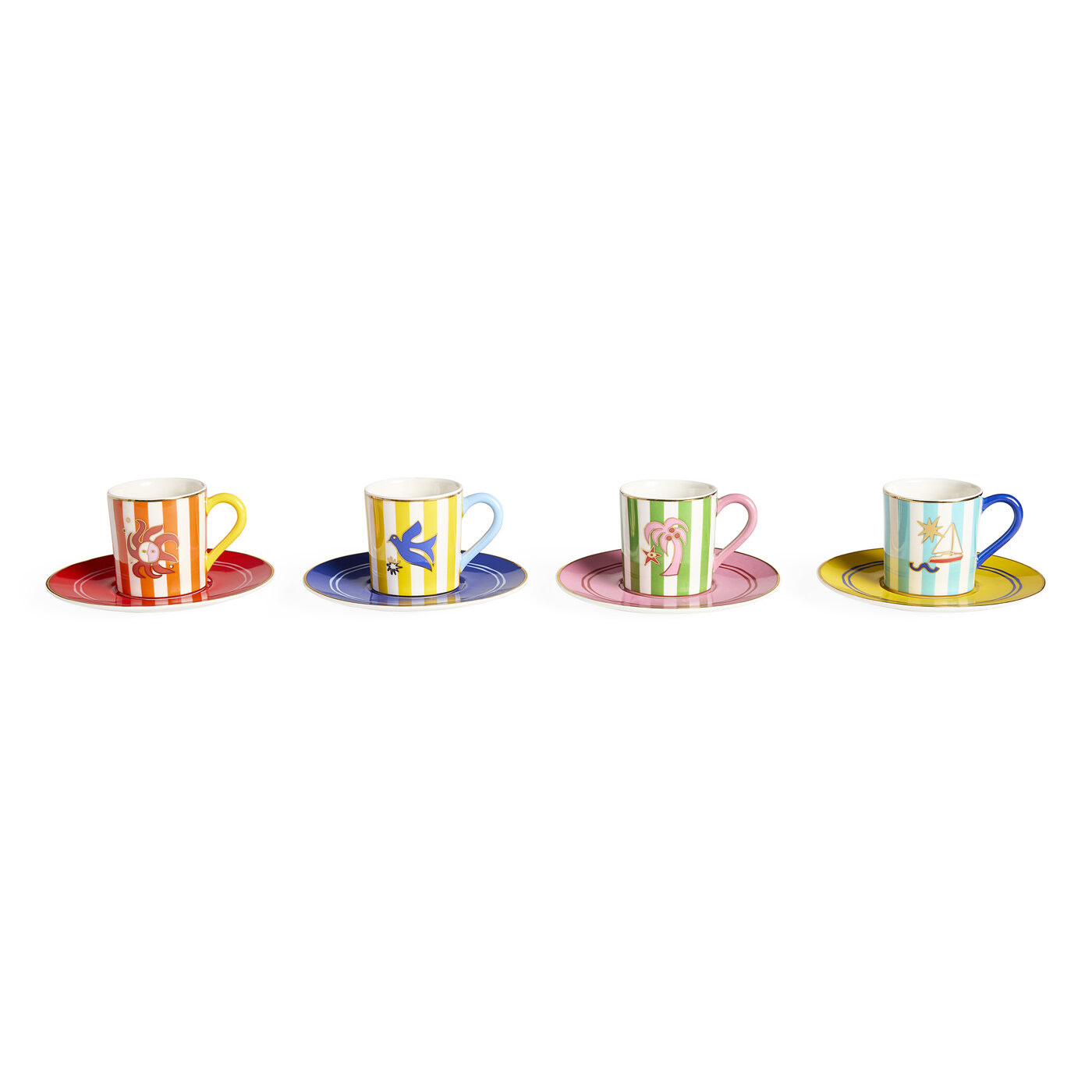Set of four colorful coffee cups and saucers on a white background