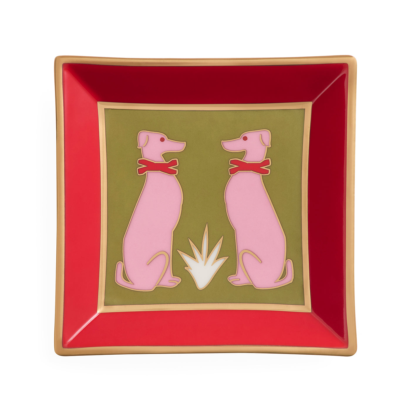 A square decorative plate with a red border, gold trim, and a central olive-green panel featuring two pink dogs wearing red bows, set against a plain white background.