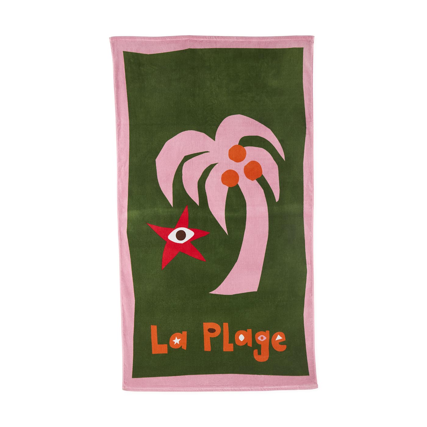 Green beach towel with pink palm tree and red star design, featuring 'La Plage' text.