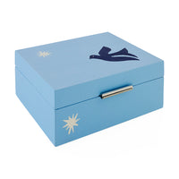 Light blue jewelry box with star and dove designs on a white background