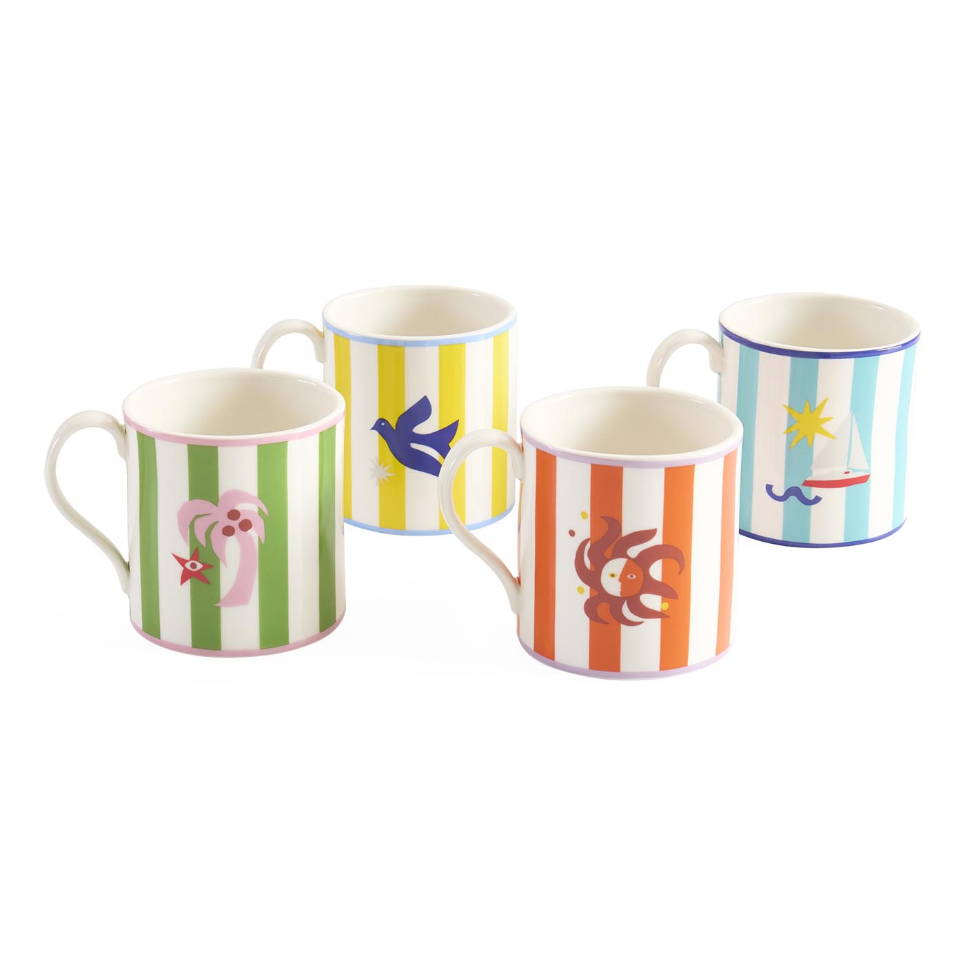 Four colorful mugs with striped patterns and animal illustrations on a white background