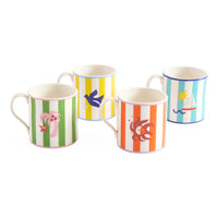 Four colorful mugs with striped patterns and animal illustrations on a white background