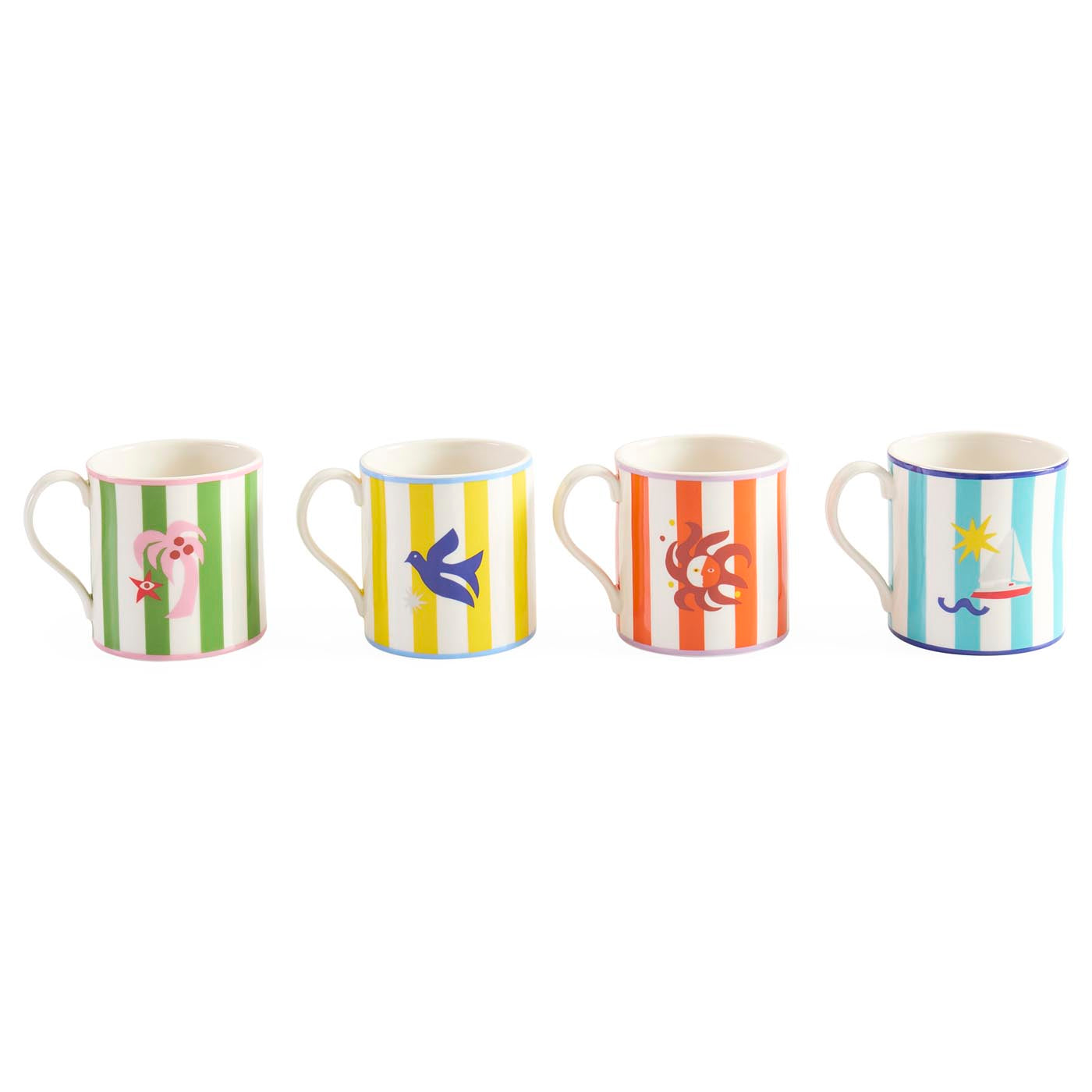 Set of four colorful mugs with animal designs on a white background