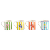 Set of four colorful mugs with animal designs on a white background