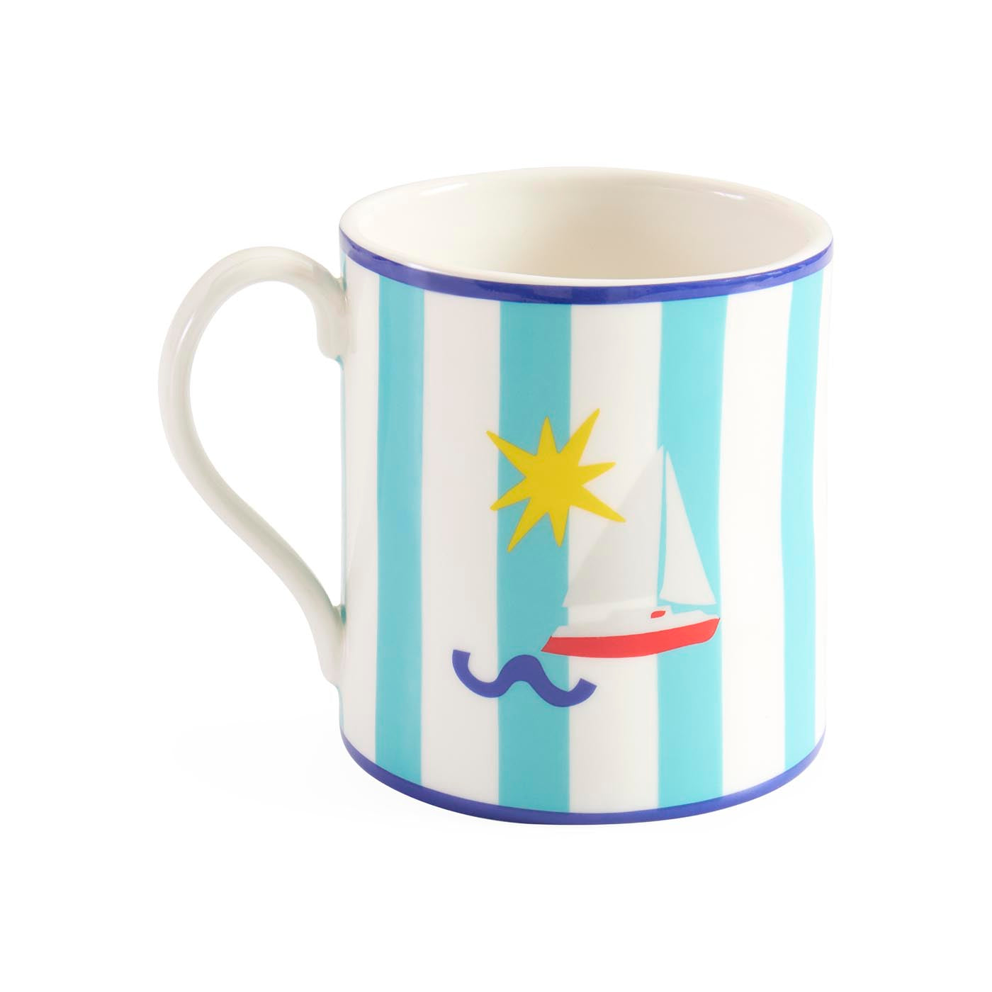 Mug with striped design featuring a sailboat and sun on a white background