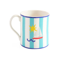 Mug with striped design featuring a sailboat and sun on a white background