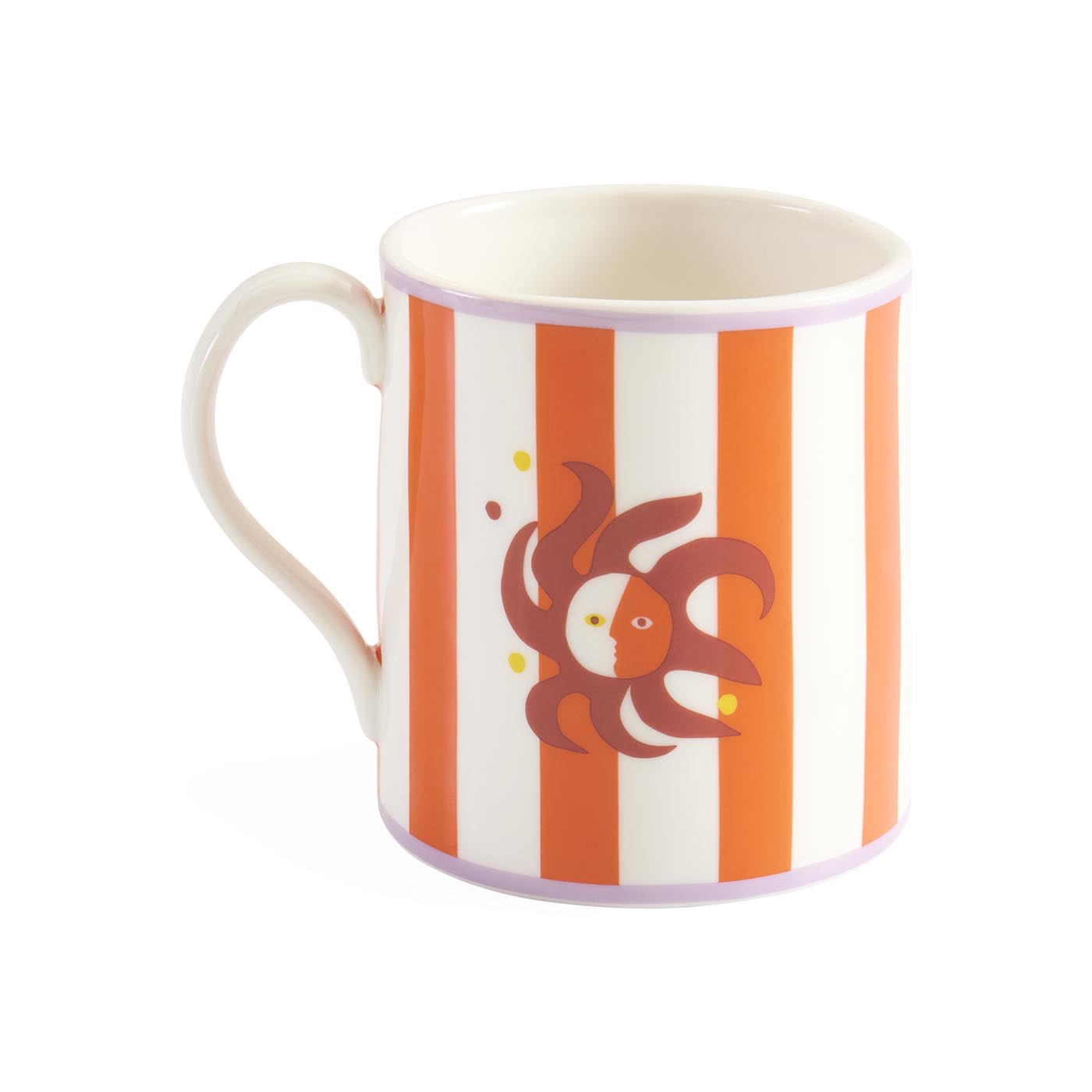 Mug with orange and white striped pattern and a brown fish design on a white background