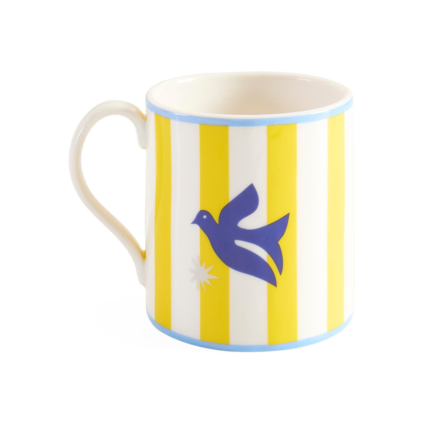 Mug with yellow and white striped pattern and blue bird design on a white background