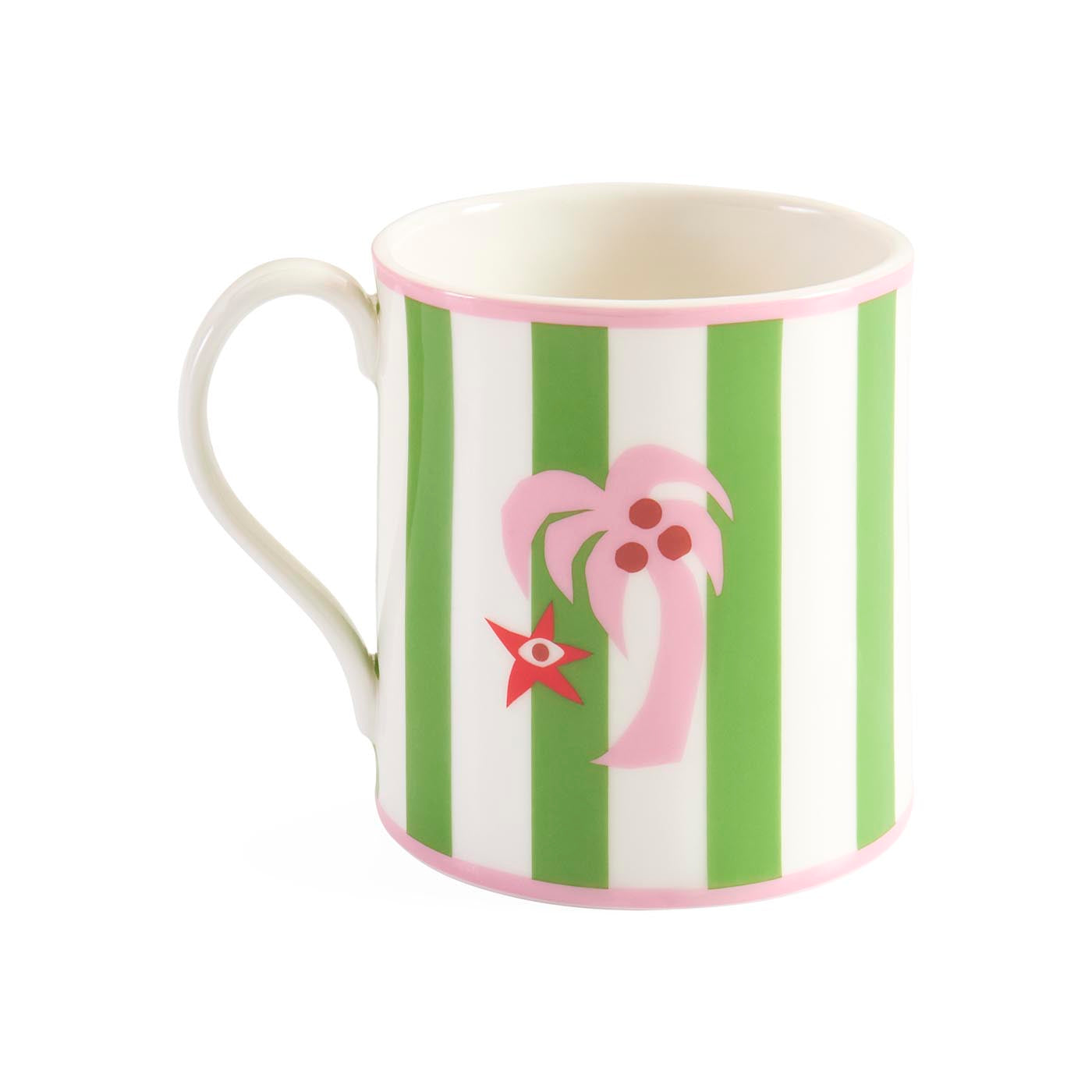 Striped mug with a palm tree and starfish design on a white background