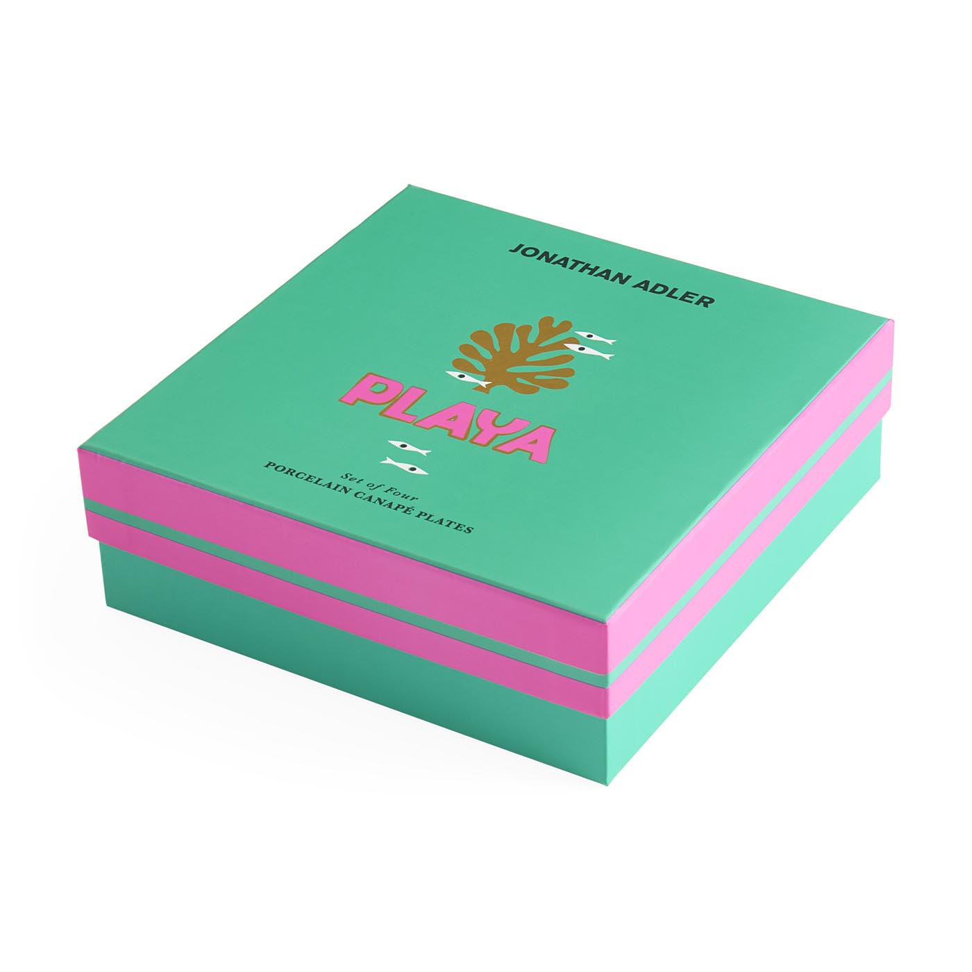 Green and pink box with 'Jonathan Adler Playa' branding on a white background