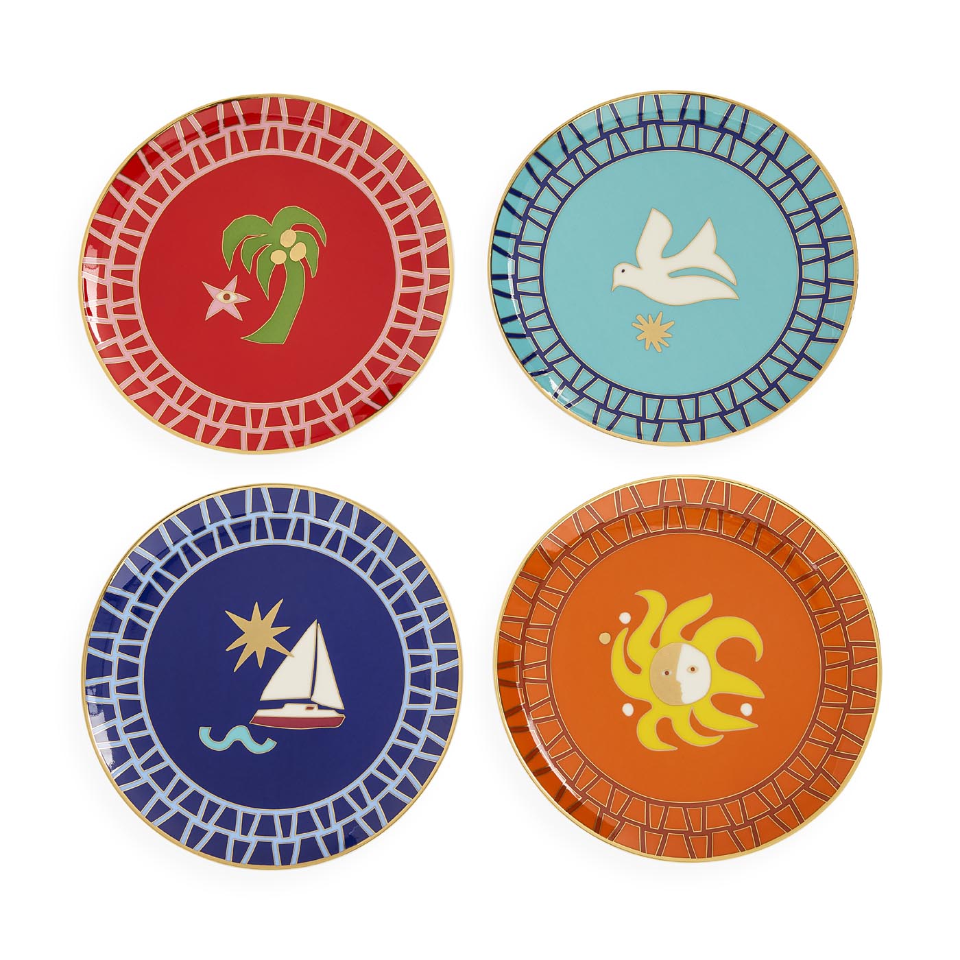 Four decorative plates with different designs on a white background