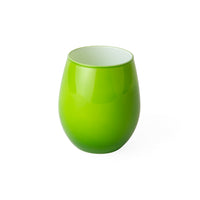 A bright green stemless wine glass with a glossy finish and a light green interior, shown on a plain white background.