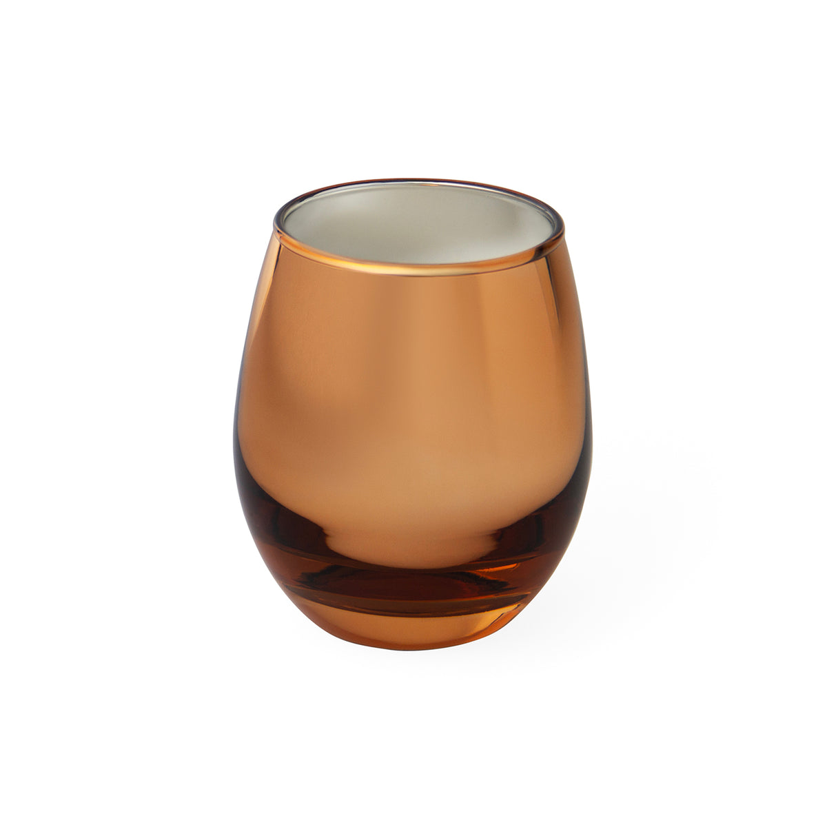 An amber-colored translucent stemless glass tumbler on a solid white background.