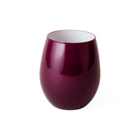 A glossy, stemless wine glass in a deep burgundy color with a white interior, shown on a plain white background.