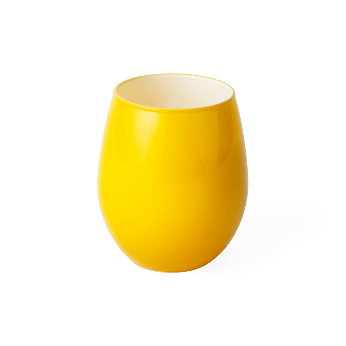 A bright yellow stemless wine glass with a glossy finish and a contrasting cream-colored interior, shown on a plain white background.