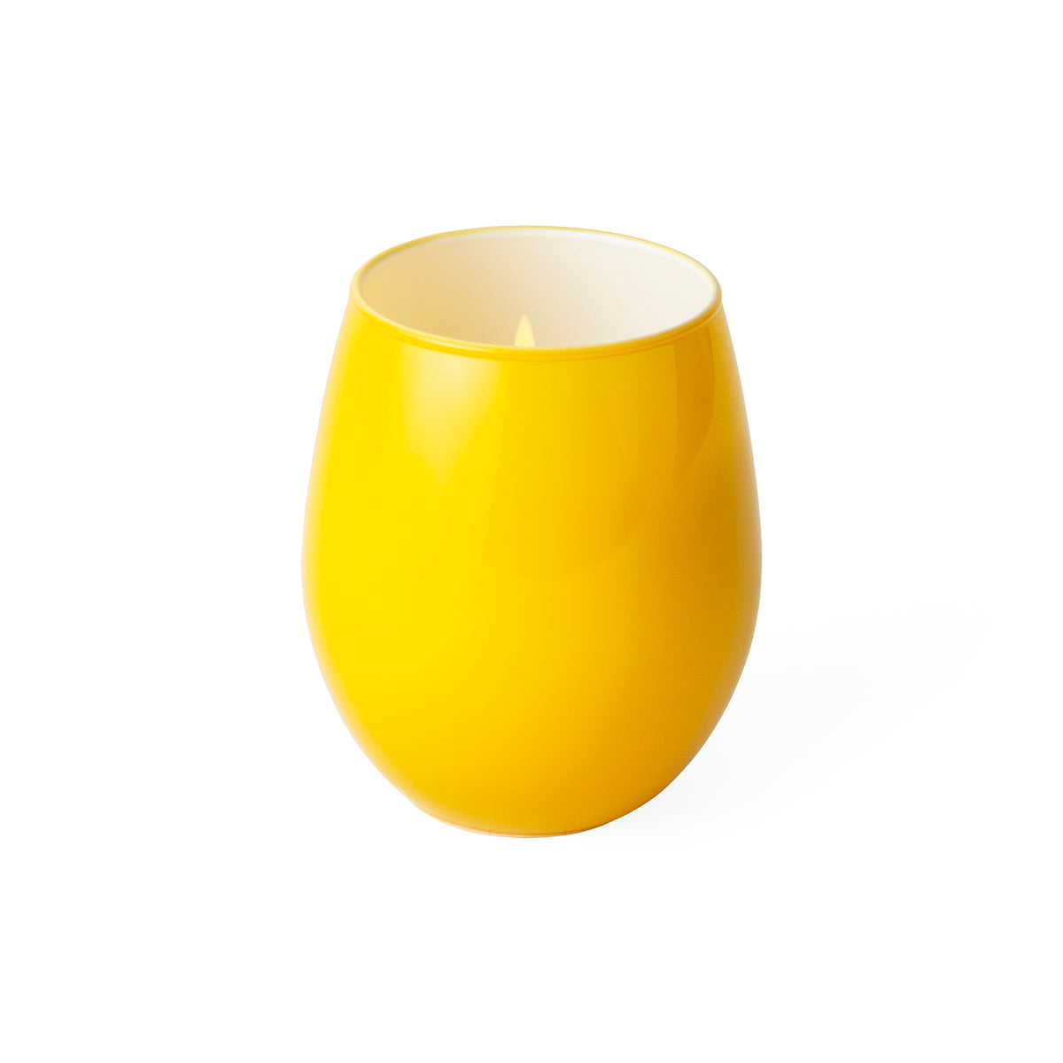 A bright yellow stemless candle holder with a smooth, glossy finish and a white wax candle inside, set against a plain white background.
